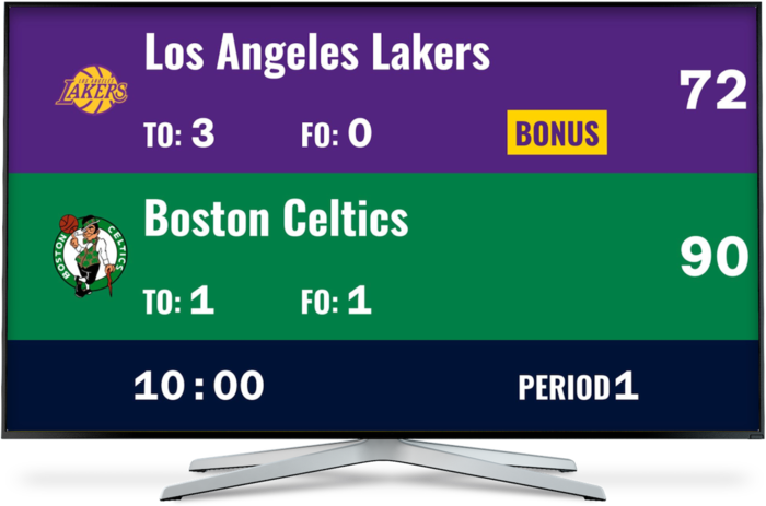 A basketball scoreboard being shown on a television