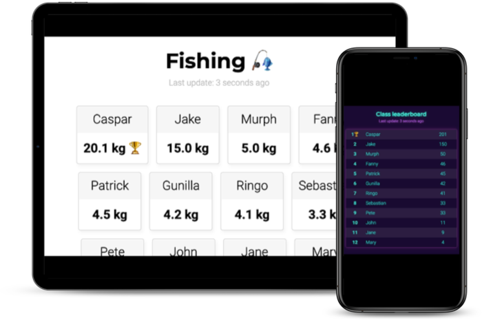 A leaderboard showing a fishing competition on a tablet and a classroom leaderboard on a mobile phone.