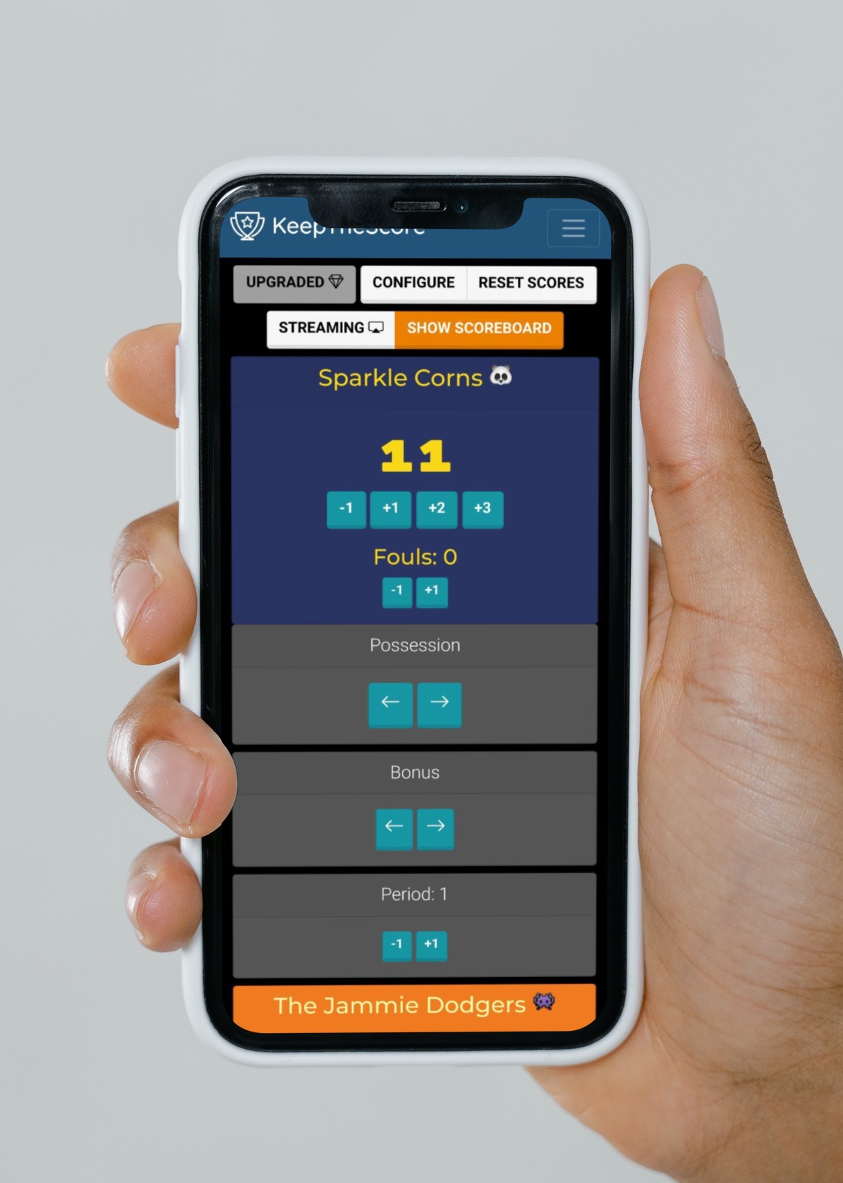 A mobile phone that is controlling a tennis scoreboard
